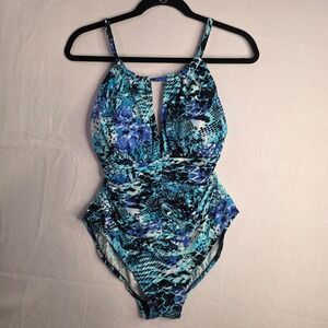 Vanishing Act‎ Blue Snakeskin Print Ruched One Piece Swimsuit Size 14 670602